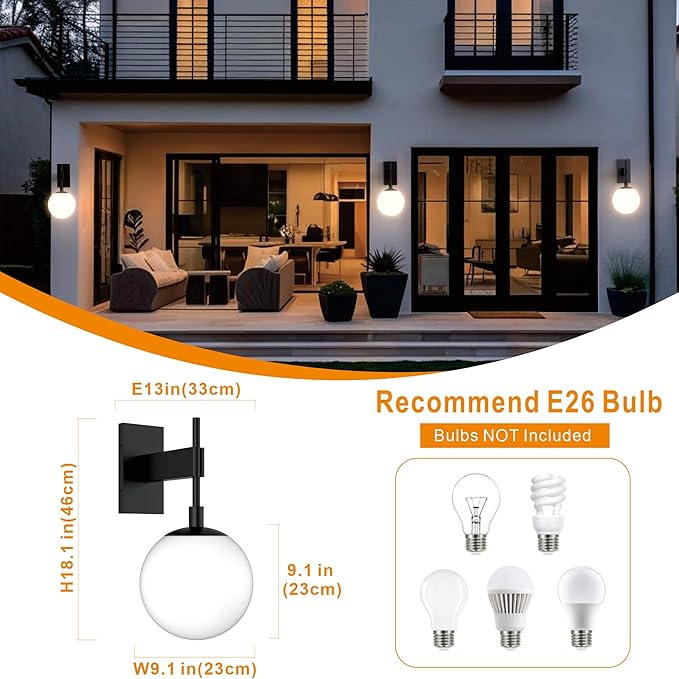 Hyunbae Outdoor Wall Sconce, 18.1" Large Size Wall Light, Exterior Light Fixtures Wall Mount for House, Globe Glass Front Porch Lights, Waterproof Outside Lighting Sconce Lamp with E26 Base