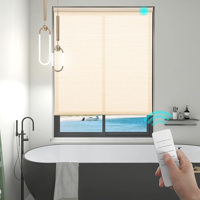 Motorized Cellular Blinds with Remote Control for Windows Custom, Motor Honeycomb Shade Customized Size Cordless, Electric Accordion Shades with Valance Cordless Privacy for Home, JZCMD-CET-BG-B