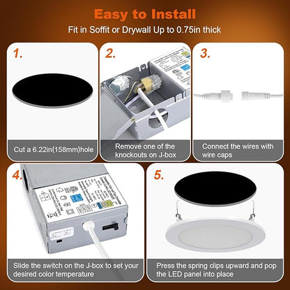 ZYC Recessed Lighting 6 Inch - 12W 1100LM LED Recessed Ceiling Light with Night Light,2700K/3000K/4000K/5000K/6000K Selectable Ultra-Thin Lighting,Dimmable Canless Wafer Downlight,Pack of 12（Black）.