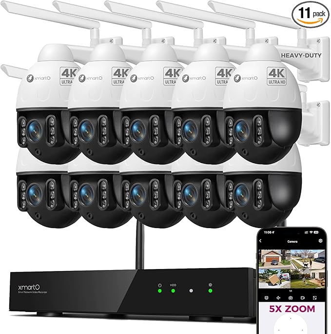xmartO 4K 8MP Heavy-Duty 5X Zoom Security Camera System Bundle, 10-Channel WiFi 6 NVR & 10 PTZ Cameras, AI Auto Tracking, Vandal-Proof Metal Dome, Long Range WiFi6, IP66 Weatherproof, 0 Monthly Fee