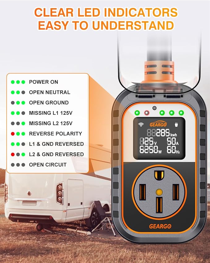 GEARGO First RV Surge Protectors 50 Amp with App Control & Smart LED Display,Smart 50 Amp RV Surge Protector with Real Time KWH, Voltage Monitor, 18000 Joules LED Display Circuit Analyzer for Camper