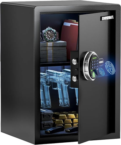 KornerBatl 35 lb Biometric Gun Safe, 4 Handgun Storage with Rack | 30 Fingerprint Storage, PIN Code Entry, Backlit Keypad, Quiet Access, LED Light, Emergency Keys, 2.03 cu. ft. Capacity