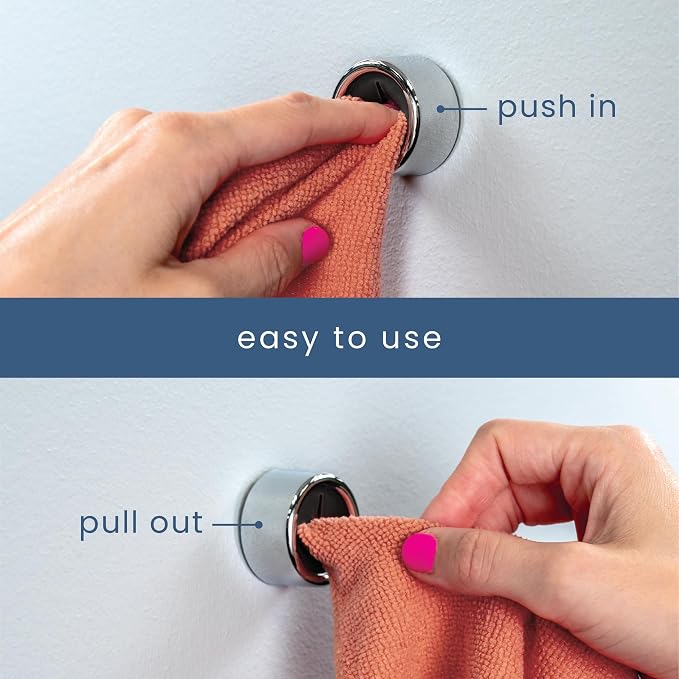 S&T INC. Adhesive Push Towel Hooks, 4 Pack, Black | 2 Installation Options, Round Hooks for Kitchen, Bathroom, Garage and Home Use, Organization Hooks, Strong Grip