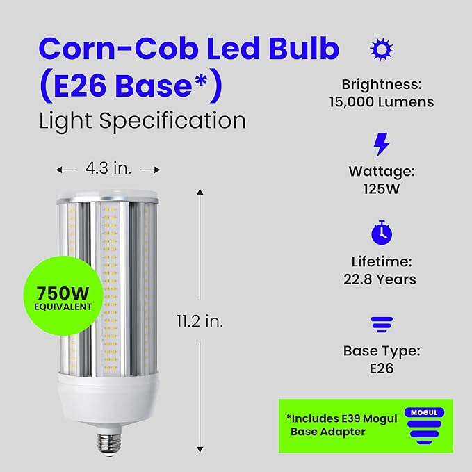 Feit Electric 125W LED Corn Cob Light Bulb, 15,000 Lumens, 5000K Daylight, 750W Equivalent, Mogul Base Adapter Included, 25,000 Hour Life, Energy Saving for Barns, Warehouses & Large Spaces