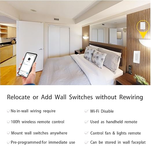 Humpptom Wireless Dimmer Light Switch and Receiver Compatible With Alexa - Smart Wall Switch for Ceiling Lights, Fans, Lamps