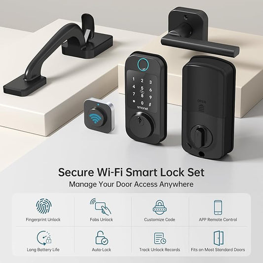 SMONET Smart Front Door Lock Set - Fingerprint Keyless Entry Door Lock Deadbolt with Handle Set Smart WiFi Deadbolt, Digital Keypad Auto Lock App Remote Control Compatible with Alexa, Black