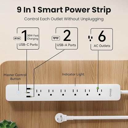 GHome Smart Power Strip 15A, 2.4G WiFi Smart plugs that work with Alexa & Google Home, Surge Protector Flat Plug with 6 APP Control WiFi outlets, FCC Listed, 7.18 Ft Flat Extension Cord, No Hub Needed