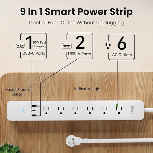 GHome Smart Power Strip 15A, 2.4G WiFi Smart plugs that work with Alexa & Google Home, Surge Protector Flat Plug with 6 APP Control WiFi outlets, FCC Listed, 7.18 Ft Flat Extension Cord, No Hub Needed