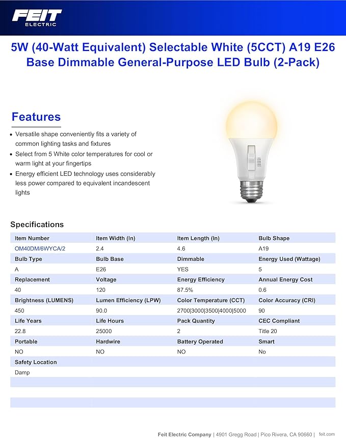 Feit Electric A19 LED Light Bulb, 40W Equivalent, Dimmable, Color Selectable 6-Way, 5CCT, E26 Medium Base, 90 CRI, 450 Lumens, Damp Rated Lightbulb, 22 Year Lifetime, OM40DM/6WYCA/2, 2 Pack
