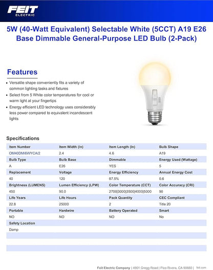 Feit Electric A19 LED Light Bulb, 40W Equivalent, Dimmable, Color Selectable 6-Way, 5CCT, E26 Medium Base, 90 CRI, 450 Lumens, Damp Rated Lightbulb, 22 Year Lifetime, OM40DM/6WYCA/2, 2 Pack