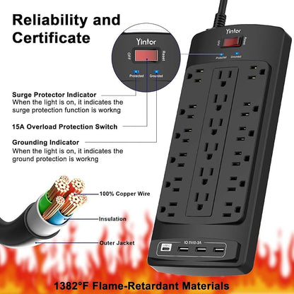Yintar 6Ft Surge Protector Power Strip with 18 Outlets and 4 USB Ports | 6 Feet Flat Plug Heavy Duty Extension Cord with Multiple Outlets for Home, Office, Dorm Essentials, 2100 Joules, ETL, Black