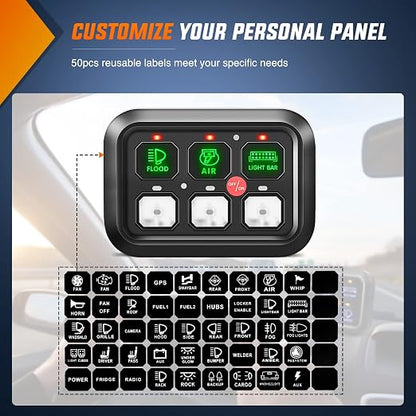 Nilight 6 Gang Switch Panel System Integrated Circuit Control w/Relay Fuse | 12V DC DIY Label Stickers Dimmable Button w/Wiring Harness for LED Light Bar Rock Rear Lights Cars Trucks RV Boats