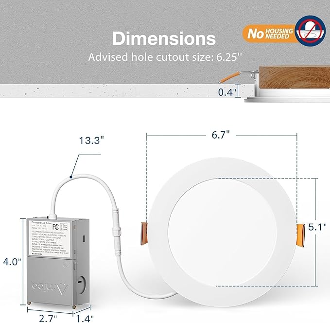 Amico 4 Pack 6 Inch 5CCT Ultra-Thin LED Recessed Ceiling Light with Junction Box, 2700K/3000K/3500K/4000K/5000K Selectable, 12W Eqv 110W 1050LM Brightness Dimmable Canless Wafer Downlight, ETL & FCC
