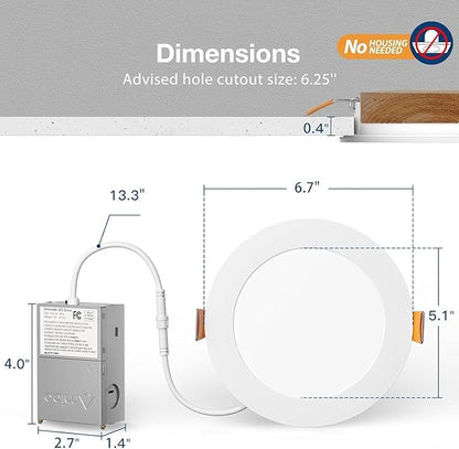 Amico 4 Pack 6 Inch 5CCT Ultra-Thin LED Recessed Ceiling Light with Junction Box, 2700K/3000K/3500K/4000K/5000K Selectable, 12W Eqv 110W 1050LM Brightness Dimmable Canless Wafer Downlight, ETL & FCC
