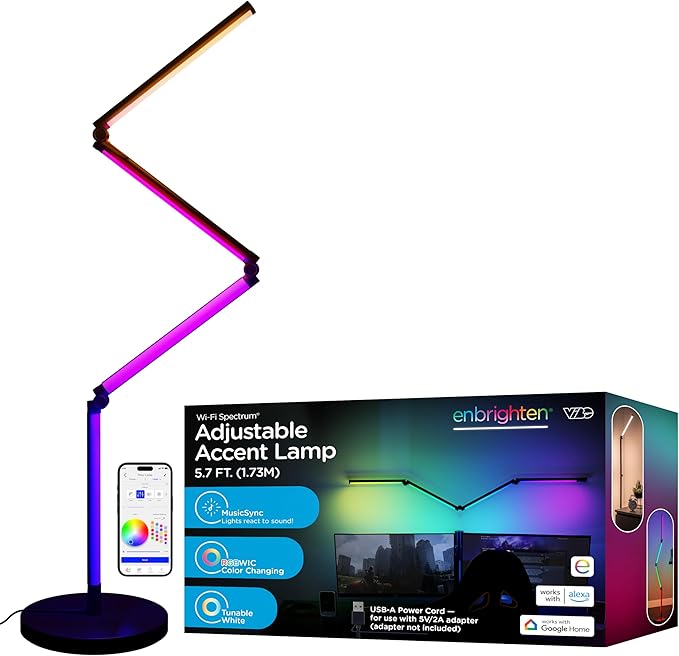 Enbrighten Vibe RGBWIC Smart Foldable Floor Lamp with Music Sync | Color-Changing Ambient Lighting with DIY Effects, Alexa and Google Compatible, Ideal for Gaming Rooms and Bedrooms