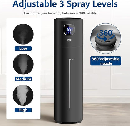 KZF 9L/2.5Gal Large Humidifiers for Bedroom, Ultrasonic Cool Mist Top Fill Humidifier with 350ML/H Large Mist Speed, Quiet Humidifier for Baby Home Plant Yoga Sleep Office (Round Black 9L)