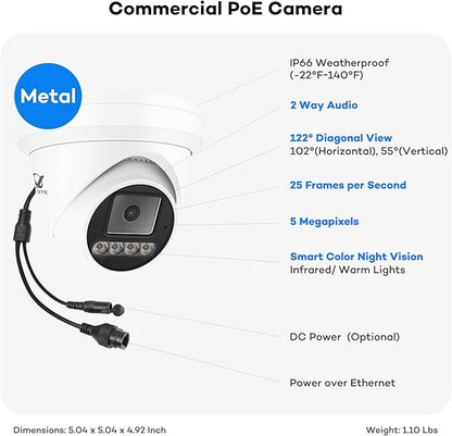 ONWOTE 5MP PoE IP Security Camera, 2 Way Audio, Smart Color Night Vision, AI Human Vehicle Detection, 122° Wide View, Indoor/Outdoor, Commercial Wired CCTV for Business Home, Add-on to PoE NVR System