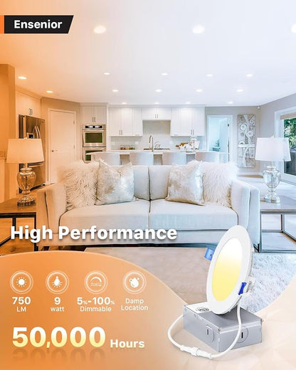 Ensenior 12 Pack 4 Inch LED Recessed Ceiling Light, Dimmable, 2700K-6000K 6CCT, 750LM 9W 120V, High Brightness Canless Wafer Downlight - ETL&FCC&IC