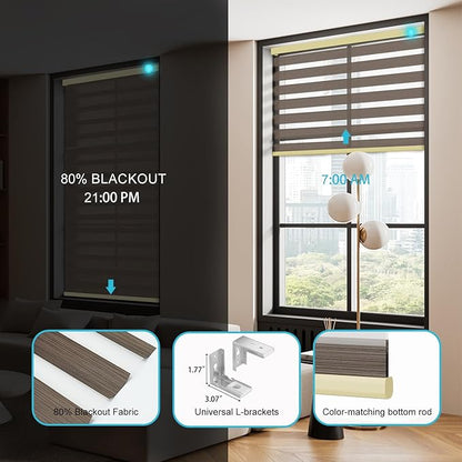 Motorized Zebra Blinds with Remote Smart Blind Work with Homekit Alexa SmartThings Electric Day and Night Shade Cordless Automatic Solar Powered Window Shade Customize(Wooden Texture Coffee)