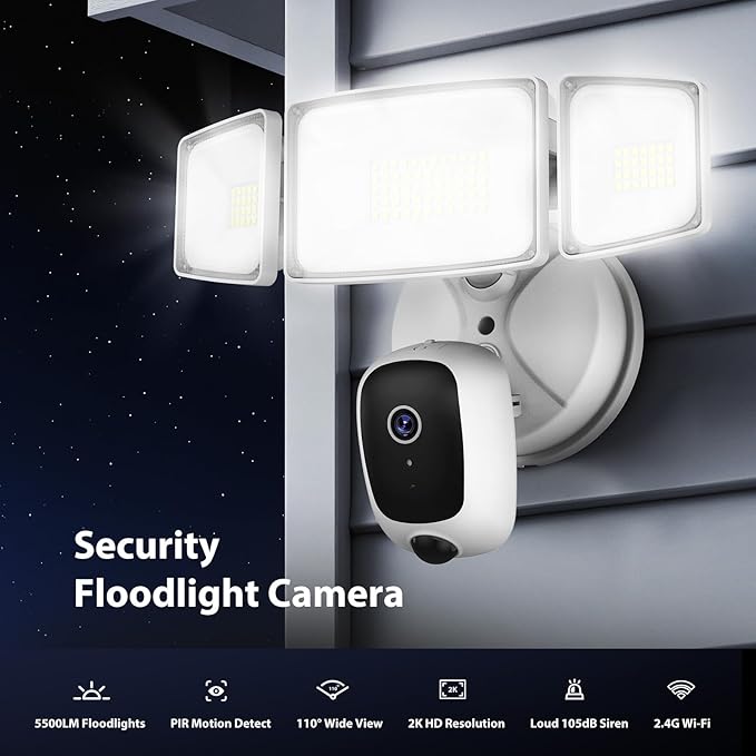 Onforu Hardwired Floodlight Camera Outdoor, 5500LM 2K HD Security Camera with Lights, Color Night Vision, Custom Motion Zones, 2-Way Audio, Built-in Siren, 24/7 Record, 2.4GHz WiFi, Works with Alexa