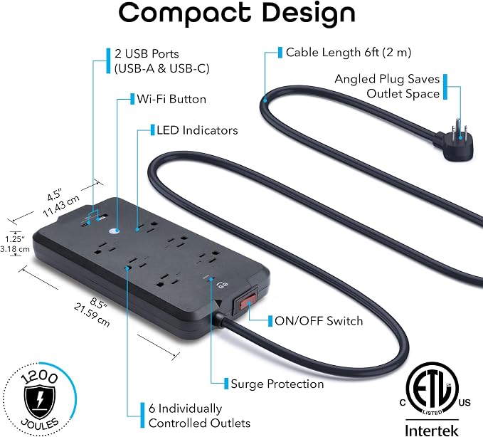 Geeni Smart Plug Power Strip, 6 Outlets & 2 USB Ports, Surge, 6 ft., Black | 6 smart outlets, 2 always-on outlets, Wi-Fi & voice control, 1200 joules protection
