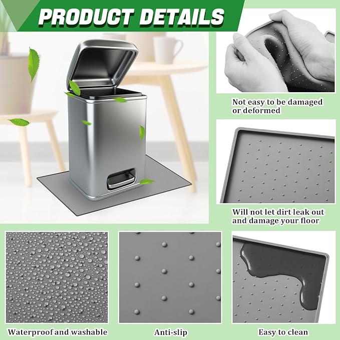 Tinideya Waterproof Trash Can Mat with Raised Edge Non Slip Under Garbage Mat Trash Can Pads Protective Silicone Rubber Tray for Kitchen to Avoid Spills Floor Scratches(Gray,15.8" X 23.6")