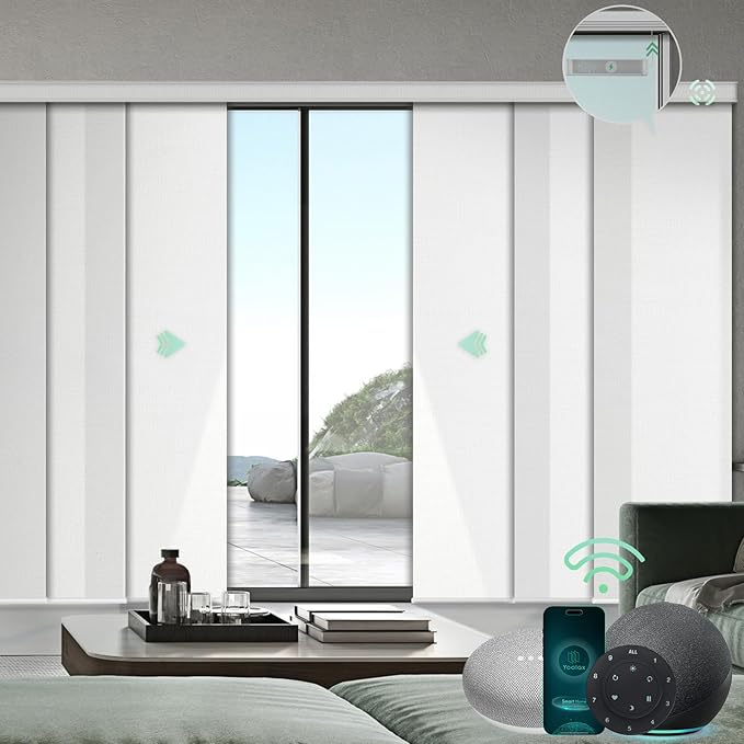 Yoolax Custom XL Smart Vertical Blinds, Motorized Sliding Door Blinds Compatible with Alexa, Fabric Blackout Rechargeable Battery Sliding Panel for indoor windows, Patio Doors(Half Shading Pure White)
