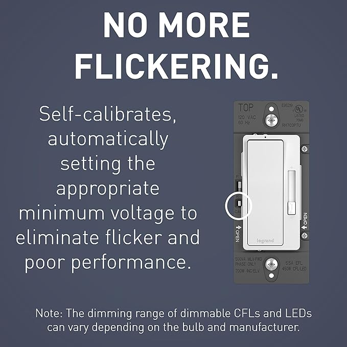 Legrand Radiant RH703PTUTC 700W Tru-Universal Preset Decorator Rocker Dimmer Light Switch with Locator Light for All Light Loads (Except 0-10V), Single Pole/3-Way, White/Light Almond/Ivory (1 Count)