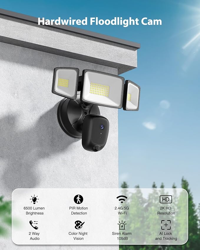 Floodlight Camera Hardwired 6500LM, 2K HD Security Camera Outdoor with Motion-Activated, 2.4G WiFi, Color Night Vision, 24/7 Recording, 2-Way Audio, Built-in Siren, Works with Alexa & Google