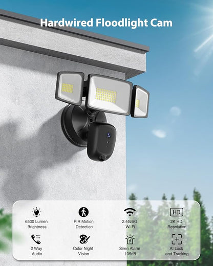 Floodlight Camera Hardwired 6500LM, 2K HD Security Camera Outdoor with Motion-Activated, 2.4G WiFi, Color Night Vision, 24/7 Recording, 2-Way Audio, Built-in Siren, Works with Alexa & Google