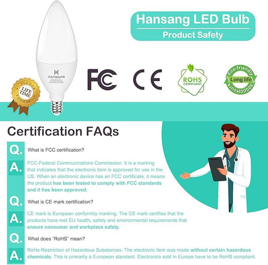 E12 LED Light Bulbs 5000K Bright Daylight, 60W Type B Light Bulb, Small Candelabra Base B11 LED Bulb for Chandelier, Ceiling Fan Light Bulbs, 5W, 500LM, 120V, 4 Pack, Non-dimmable