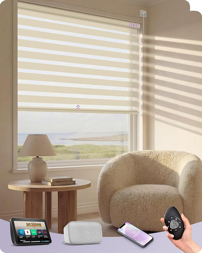 Graywind Motorized Blinds with Remote, Smart Zebra Shades for Windows, Hardwired Roller Blinds Compatible with Alexa, Apple Homekit, Google Home, Custom Size, Wool-Like Beige