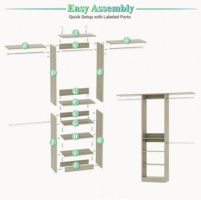Besiost 4FT Small Closet Organizer System with 4 Hanging Rods & 3 Shelves | 48" Closet System for Small Closets, 80" H Small Closet Organizers and Storage for Bedrooms, Cloakrooms, White Oak