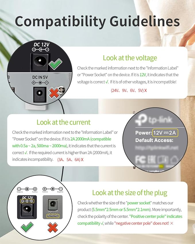 12V 2A Power Supply AC Adapter Replacement with 8 Tips, Regulated 12 Volts 2000mA Cord Charger for LED Strip Light, CCTV Camera, GPS, Webcam, Router, BT Speaker DC12V Transformer (6ft)