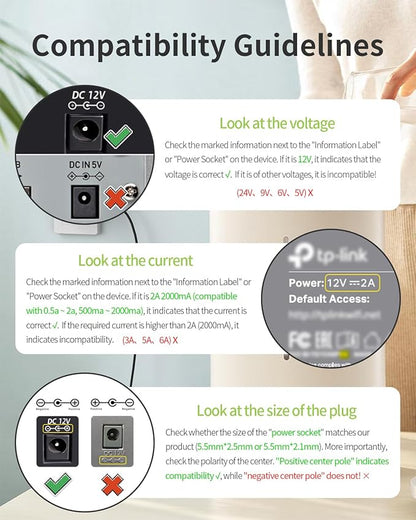12V 2A Power Supply AC Adapter Replacement with 8 Tips, Regulated 12 Volts 2000mA Cord Charger for LED Strip Light, CCTV Camera, GPS, Webcam, Router, BT Speaker DC12V Transformer (6ft)