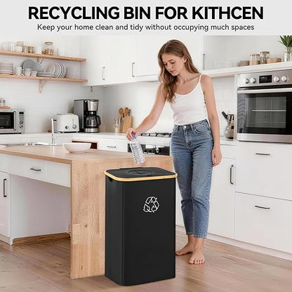 Recycling Bin for Kitchen, 26 Gallon 100L Indoor Home Recycle Bin with Lid and 2 Removeable Reusable Inner Bags, for Bottles, Cans, Glass, Plastic & Stickers, Black