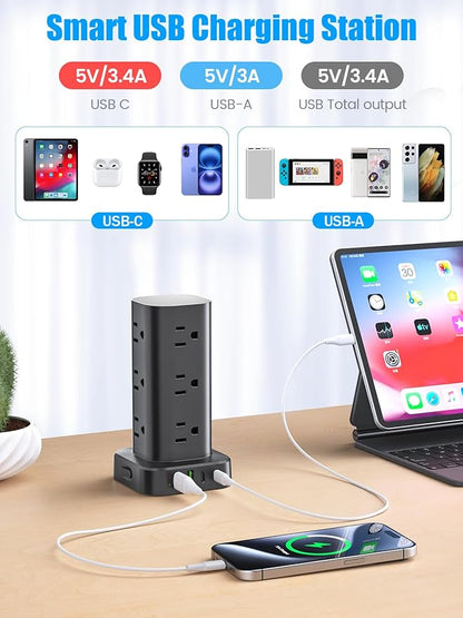 Flat Plug Power Strip Tower Surge Protector, 10FT Flat Extension Cord with Multiple Outlets, 12 AC Outlets, 4 USB Ports (2 USB C) Charging Station for Office Home Dorm Room Travel (Black)