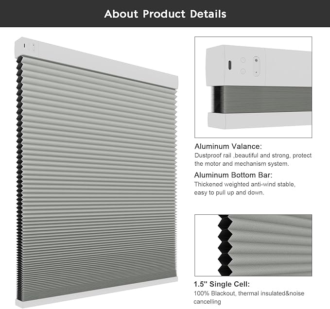 Changshade Motorized Cellular Shades with Remote Control Automatic for Indoor Windows Doors, Smart Blackout Blinds Auto Electric Power, Custom Size Honeycomb Blind Work with Alexa, Google Home, Grey