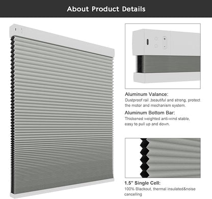 Changshade Motorized Cellular Shades with Remote Control Automatic for Indoor Windows Doors, Smart Blackout Blinds Auto Electric Power, Custom Size Honeycomb Blind Work with Alexa, Google Home, Grey