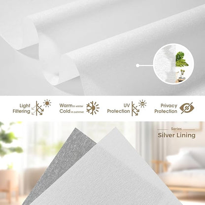 HeyBlinds Motorized Blinds with Remote, Smart Roller Shades with App&Voice Control, Work with Alexa Google HomeKit, Light Filtering Custom Shades for Living Room Office(Silver Lining-White Clouds LF)