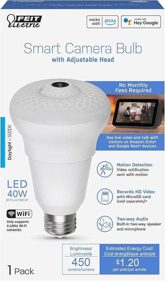 Feit Electric Smart Rotating Light Bulb with Wireless Camera, Motion Sensor, Night Vision, and 2-Way Speaker, 40W Equivalent, E26 Base, 5000K Daylight, 15,000-Hour Lifetime, A450/850/CAMWIFI/LED