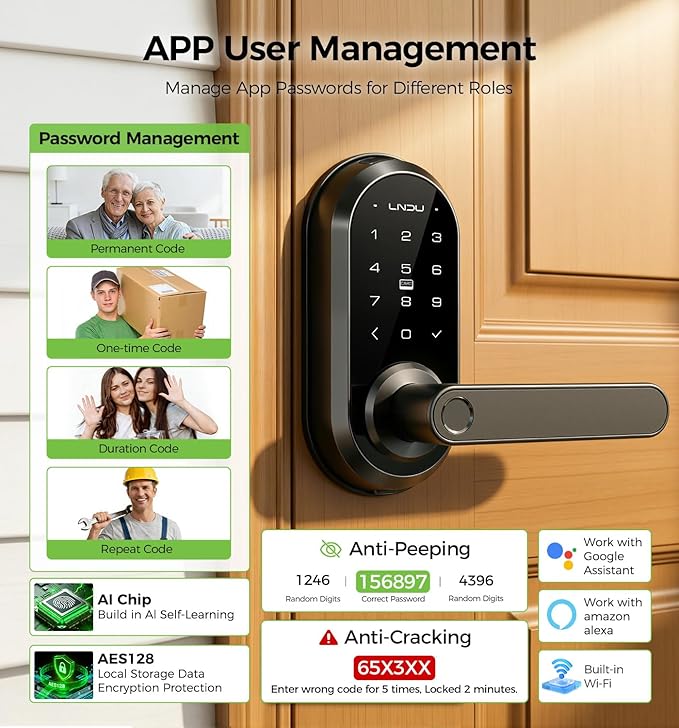 Smart Lock Keypad Door Lock with Handle, WiFi Keyless Entry Door Lock with Handle,Door Keypad Locks with Alexa & Google Assistant,Voice Control & APP Remote,Fingerprint,Key Fob,PIN Unlock,Auto Locking