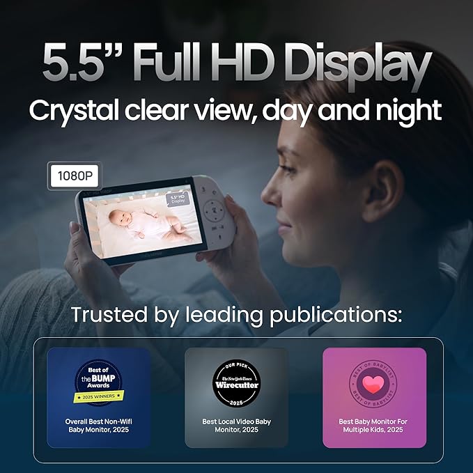 Babysense PRO Full HD 5.5" Split Screen Baby Monitor with Camera and Audio, 6-Color Night Light, White Noise, Sound & Light Machine, 20-Hour Battery, Hack-Proof Non-WiFi Secure Connection