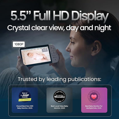 Babysense PRO Full HD 5.5" Split Screen Baby Monitor with 2 Cameras, 6-Color Night Light, White Noise, Sound & Light Machine, 20-Hour Battery, Hack-Proof Non-WiFi Secure Connection