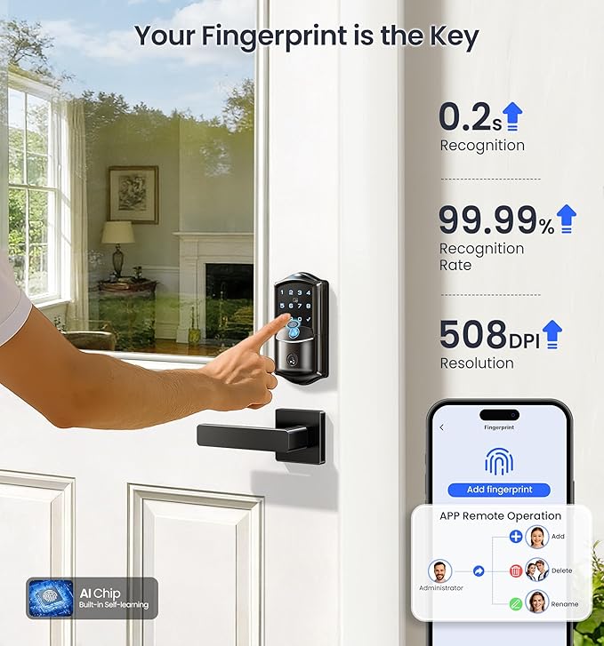 Veise VE027-L Built-in WiFi Smart Lock with Handles, Fingerprint keyless Entry Door Lock Set, App Remote & Voice Control, Electronic Deadbolt for Front Door, Touchscreen Keypad, Auto Lock, Matte Black