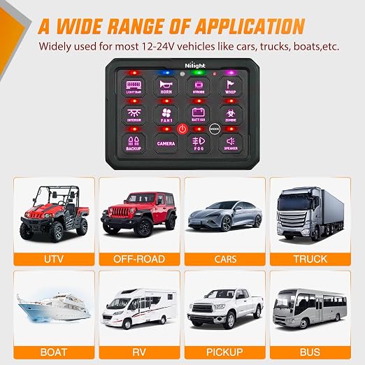 Nilight 12 Gang Switch Panel APP RGB 12V 24V Circuit Control System 4-Mode | Fuse Wiring Harness Automatic Dimmable LED Pod Toggle/Momentary/Strobe/Flash Modes for Car Pickup Truck Camper SUV