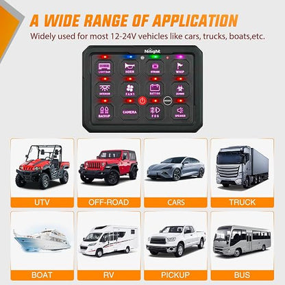 Nilight 12 Gang Switch Panel APP RGB 12V 24V Circuit Control System 4-Mode | Fuse Wiring Harness Automatic Dimmable LED Pod Toggle/Momentary/Strobe/Flash Modes for Car Pickup Truck Camper SUV