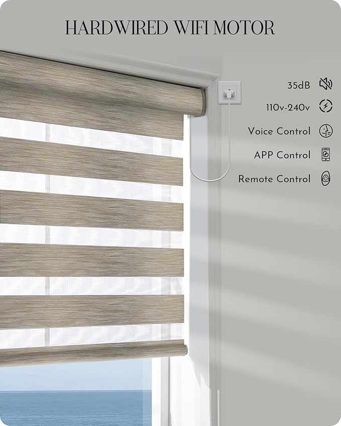 Graywind Motorized Zebra Blinds for Windows, Darkening Hardwired Smart Blinds with Remote Control, Dual Layer Custom Zebra Shades Work with Alexa, Google Home, Apple Homekit, Linen Sandy