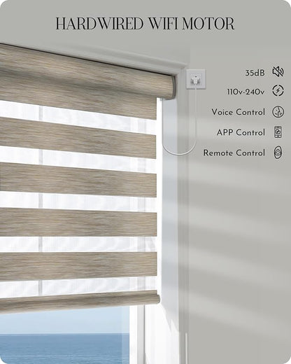 Graywind Motorized Zebra Blinds for Windows, Darkening Hardwired Smart Blinds with Remote Control, Dual Layer Custom Zebra Shades Work with Alexa, Google Home, Apple Homekit, Linen Sandy