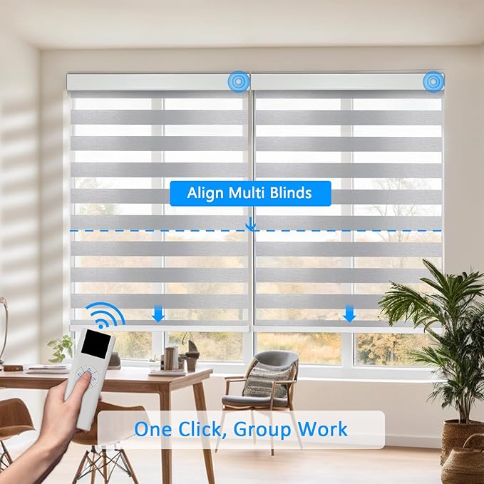 Motorized Zebra Blinds for Windows Cordless Electric Curtains with Remote Control Blackout Shades Custom Smart Blinds Compatible with Alexa Google Home(Light Filtering Grey,W23 X 72in)